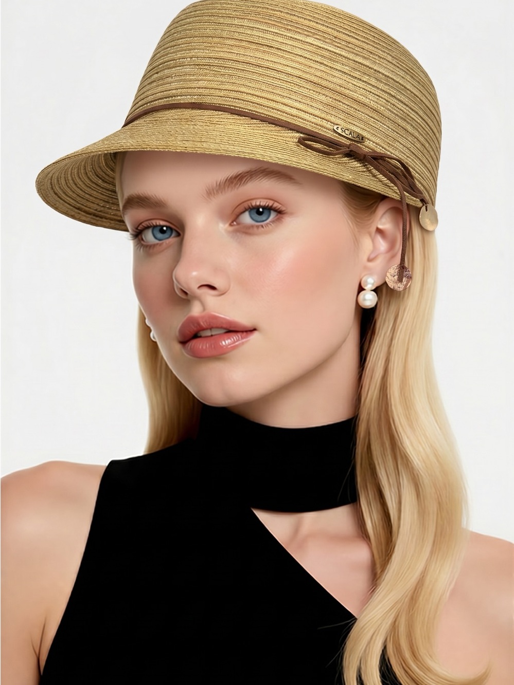 Scala Tan Straw Cloche Hat with Brown Trim